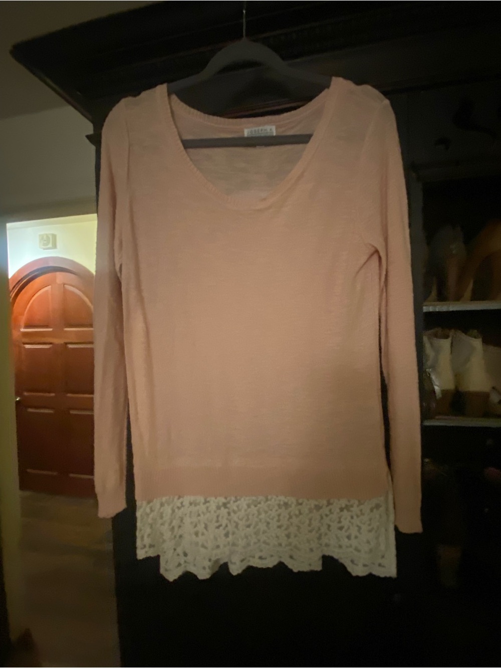 Jos. A. Bank Peach Knit Sweater with Cream Lace Trim